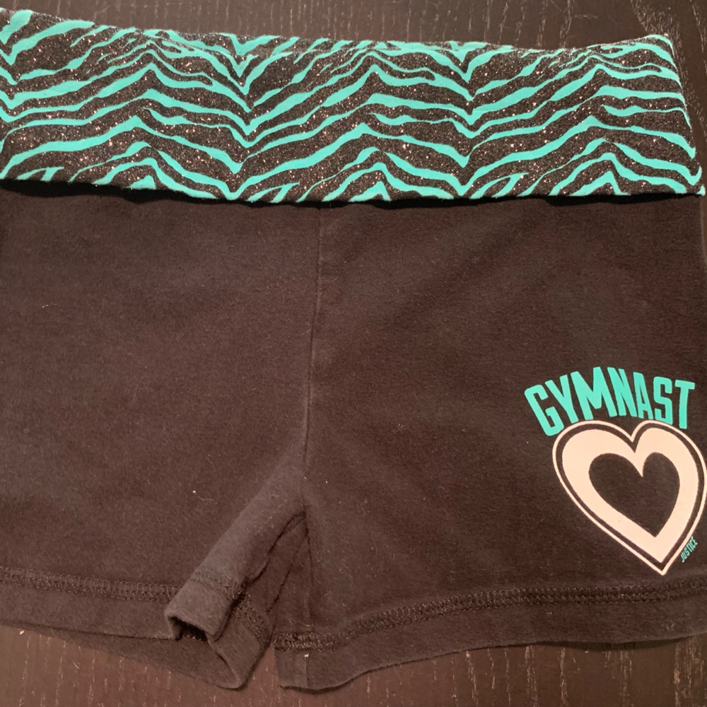 Justice- Girls size 10, gymnast shorts with teal and black waistband.